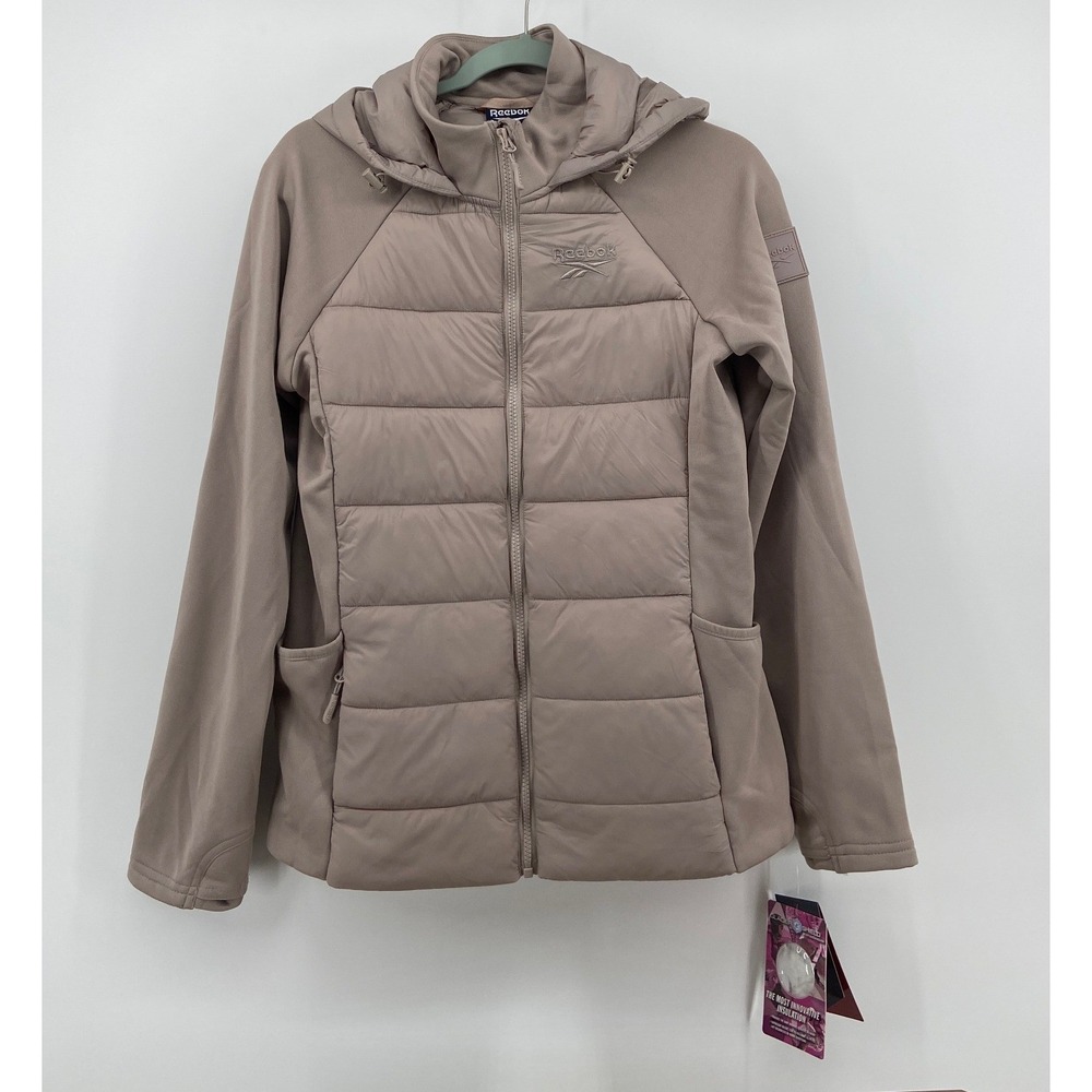 Reebok Womens Hybrid Puffer Jacket Taupe Glacier Shield Hooded OLRB2388 M